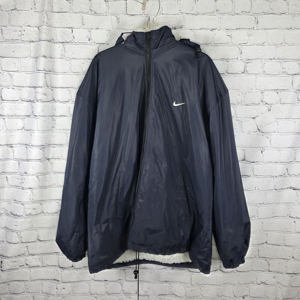 VTG Nike 90s Blue Hooded Swoosh Fleece Lined Long Jacket Spellout Zip Mens XL